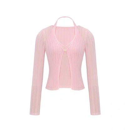 Concise-White Iris Fake Two-Piece Knitted Top Pink