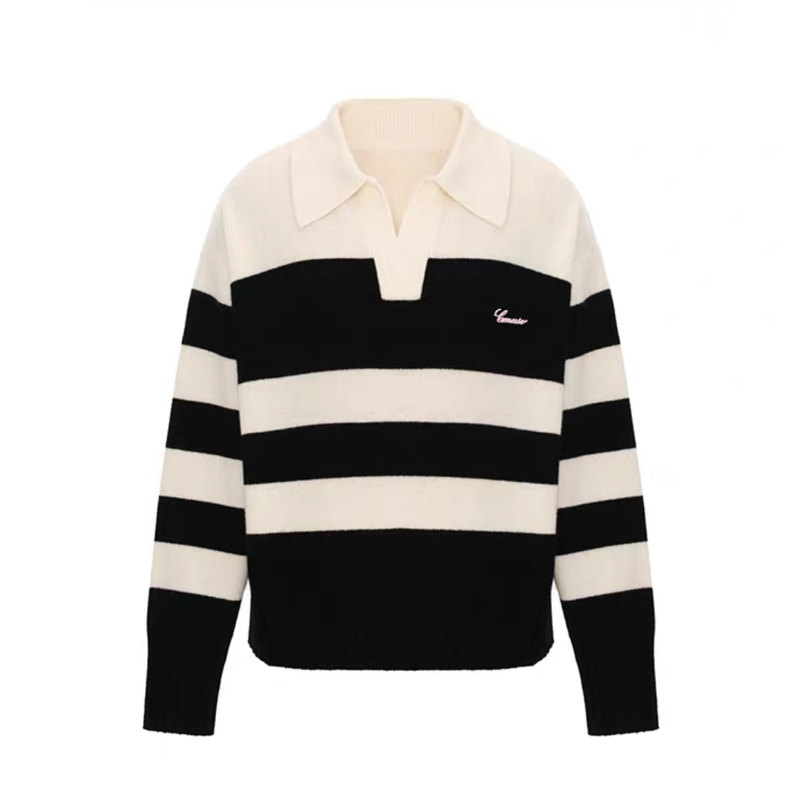 Concise-White Logo Striped Lapel Sweater