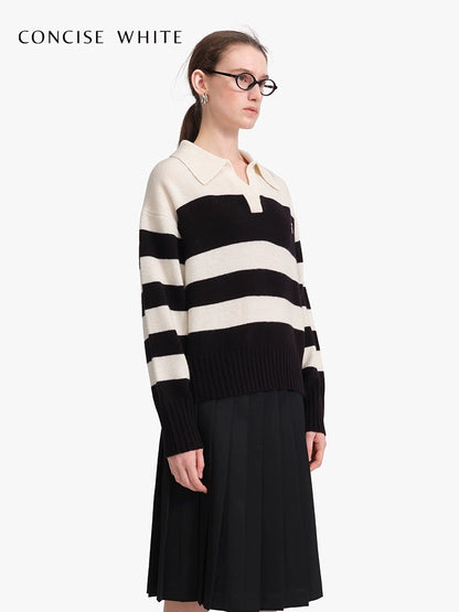 Concise-White Logo Striped Lapel Sweater