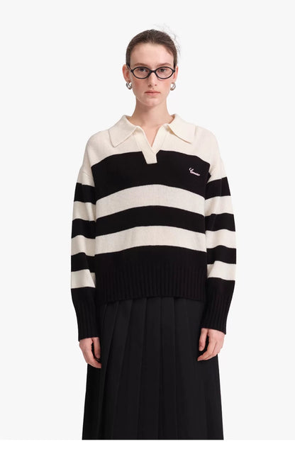 Concise-White Logo Striped Lapel Sweater