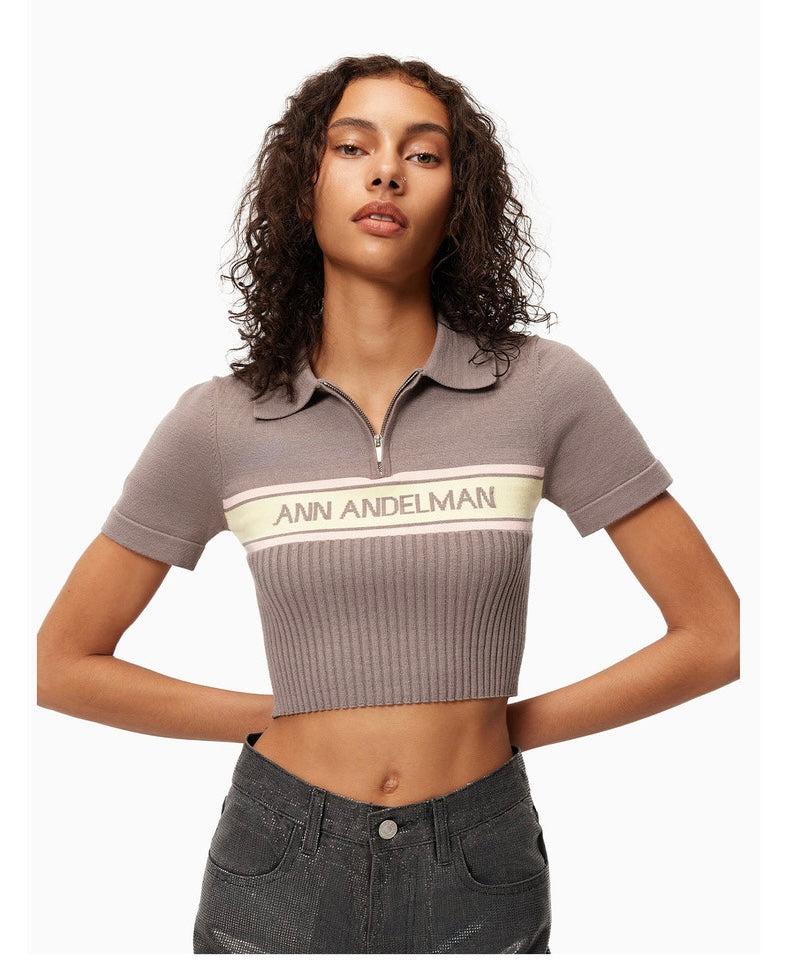 Ann Andelman Color Blocked Logo Knitted Short Polo Top Brown