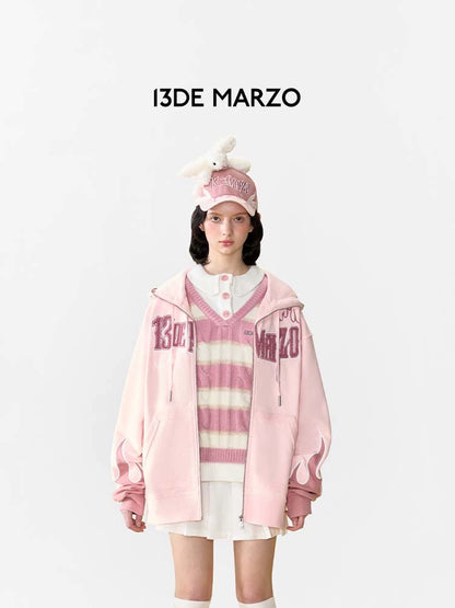 13DE MARZO Flame Zip Hoodie Veiled Pink