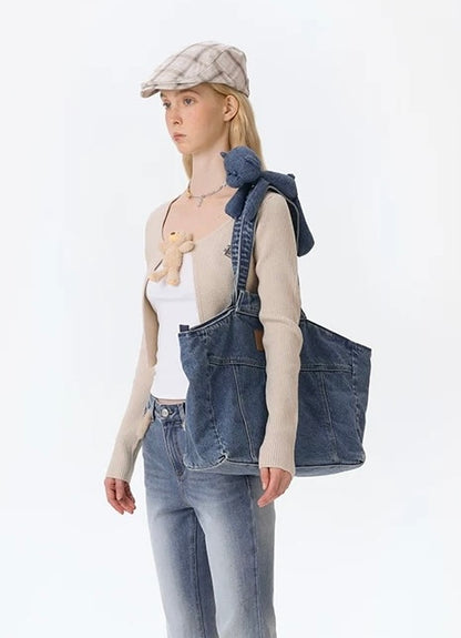 13DE MARZO Bear Denim Jacket  Tote Bag Blue