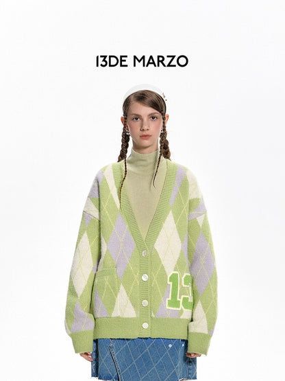 13DE MARZO Vintage Diamond Pattern Cardigan Grass Green