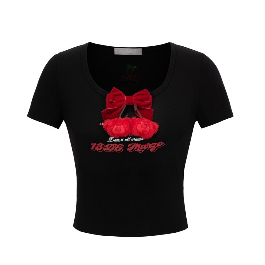 13DE MARZO Bear Cherry Bowknot Tee Black