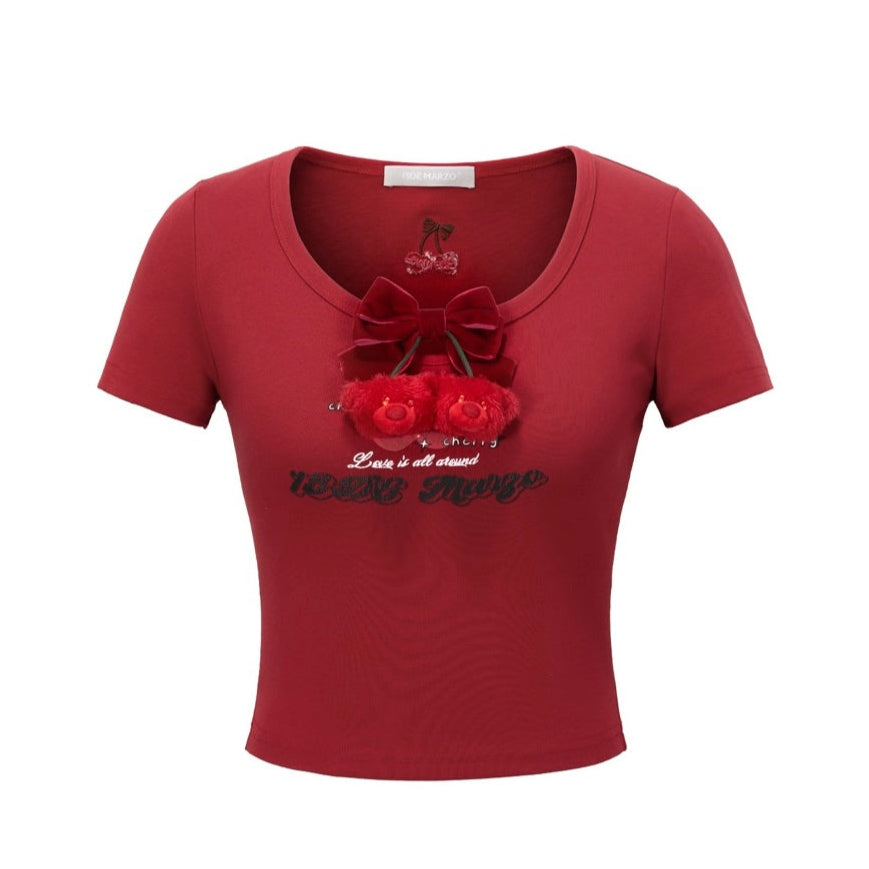 13DE MARZO Bear Cherry Bowknot Tee Red