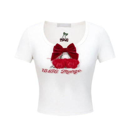 13DE MARZO Bear Cherry Bowknot Tee White