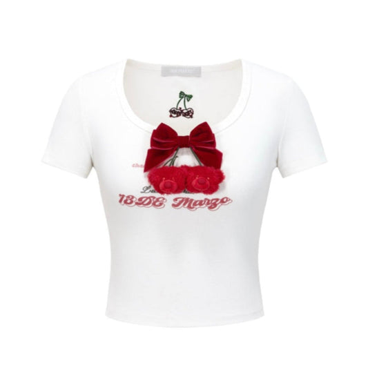 13DE MARZO Bear Cherry Bowknot Tee White