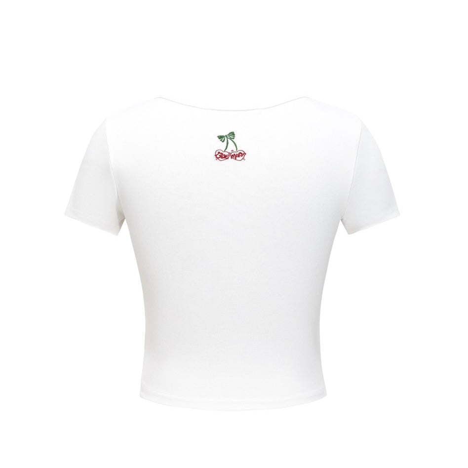 13DE MARZO Bear Cherry Bowknot Tee White