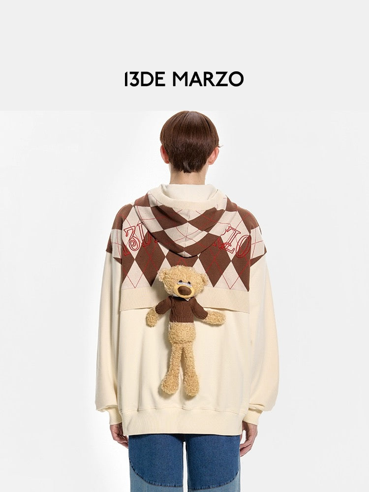 13DE MARZO Retro Pattern Knit Hoodie Wheat