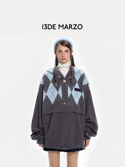 13DE MARZO Retro Pattern Knit Hoodie Summer Song