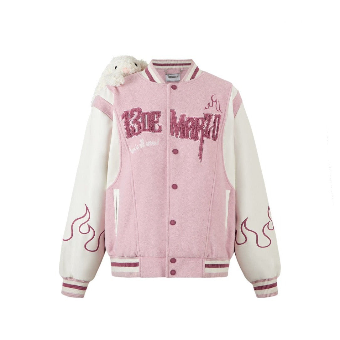 13DE MARZO Flame Baseball Jacket Mauve Chalk