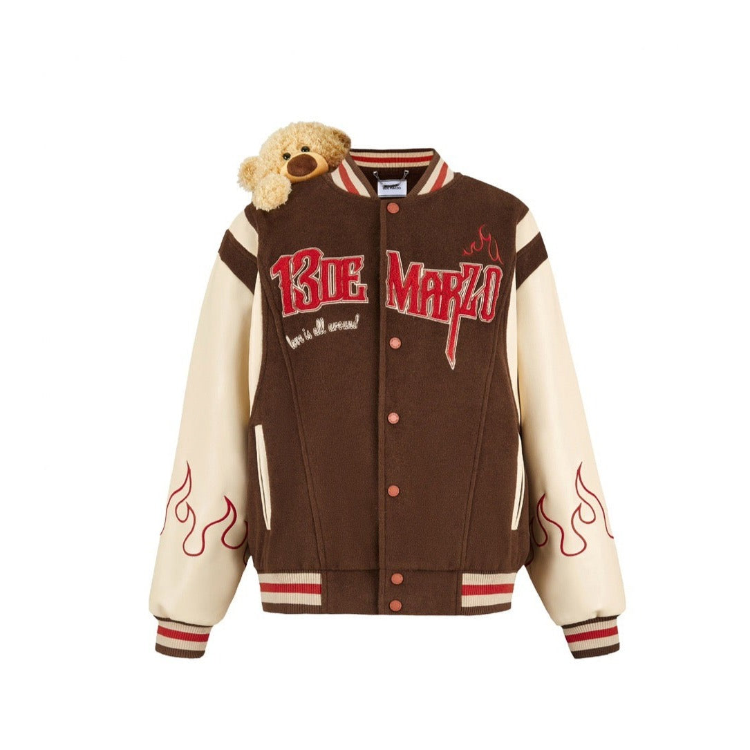 13DE MARZO Flame Baseball Jacket Ganache