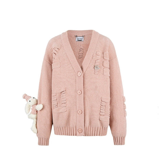 13DE MARZO Letter Weave Knit Cardigan Powder Pink