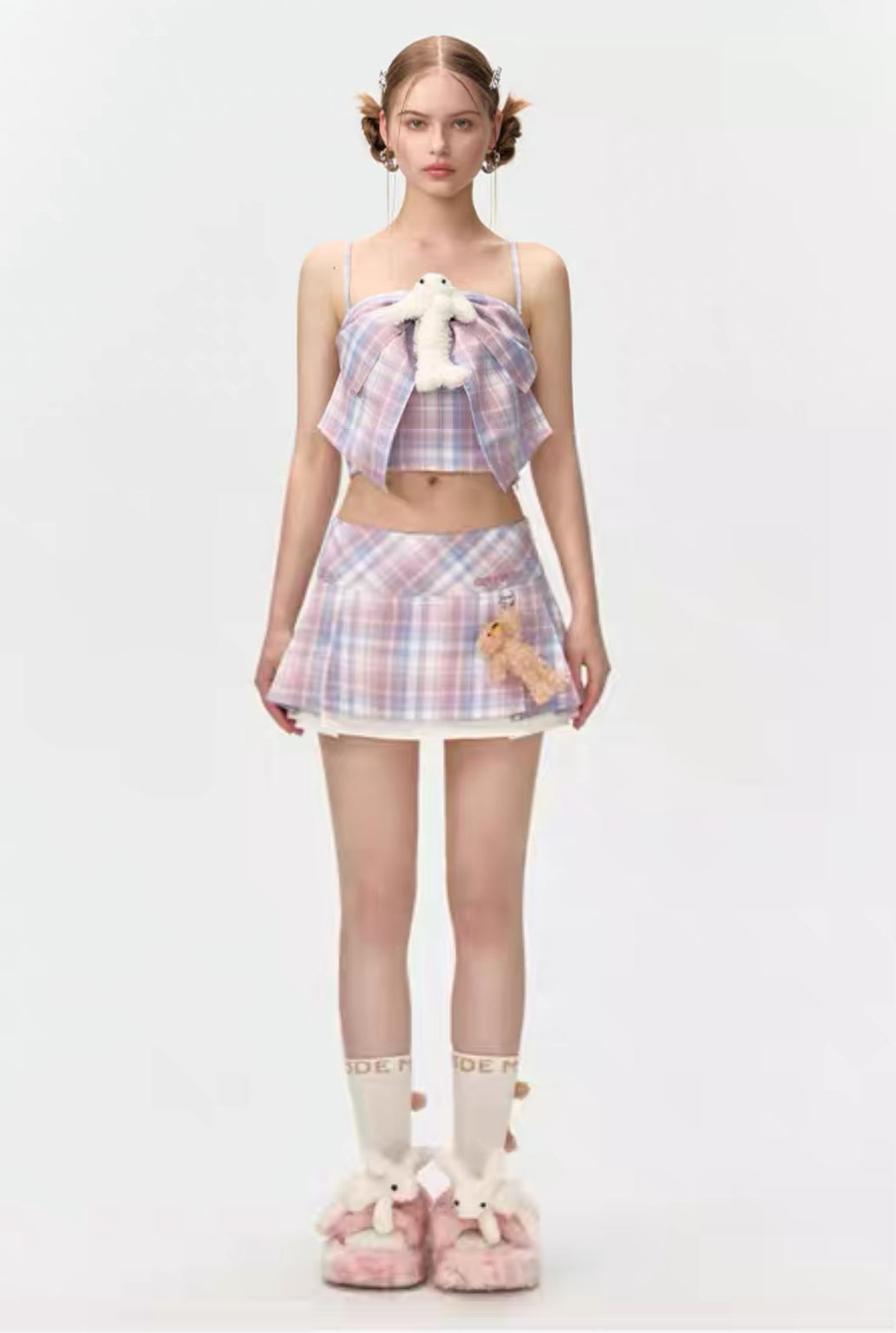 13DE MARZO Plaid Low Waist Pleated Skirt Pink