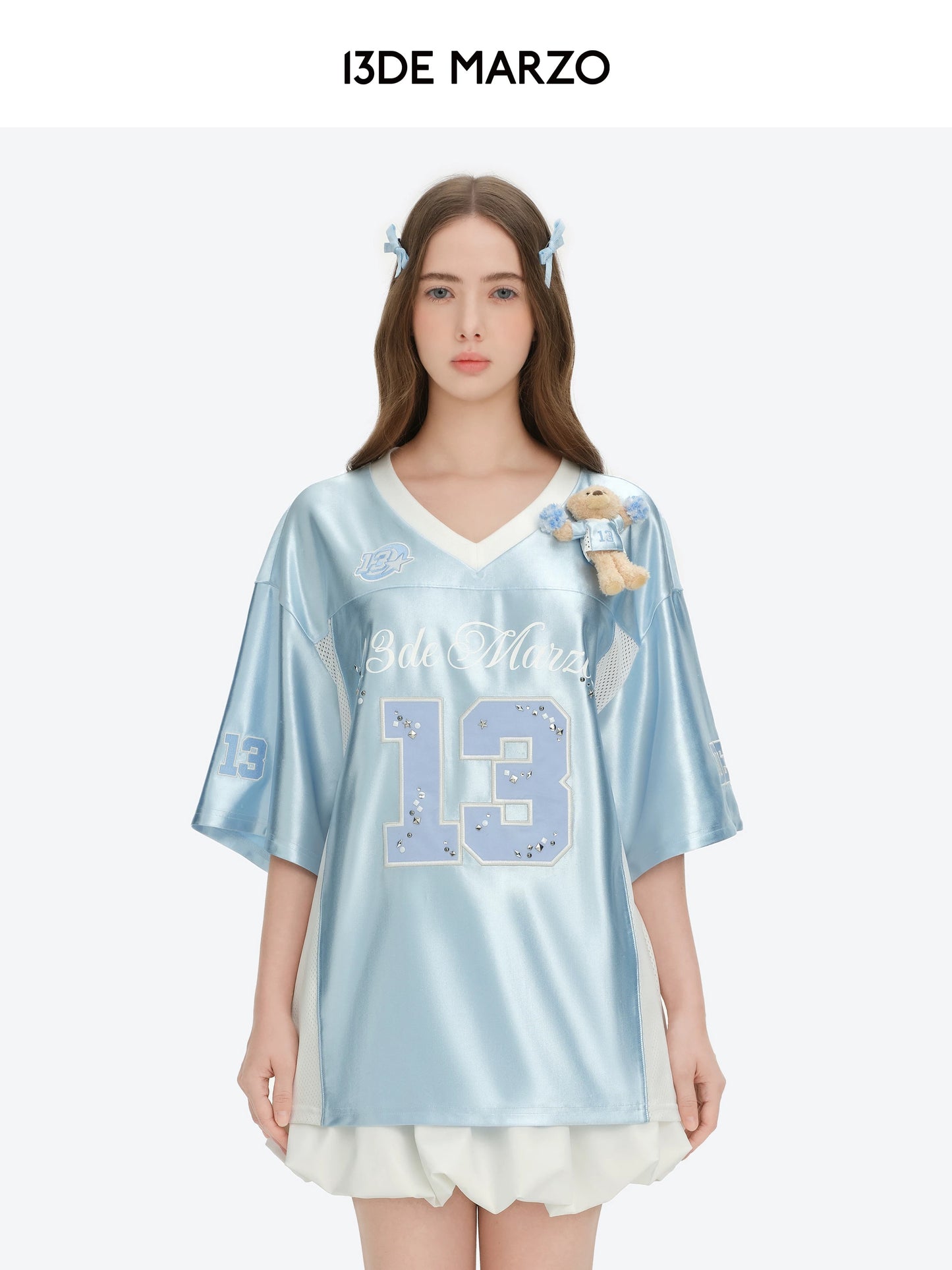 13DE MARZO Bear Cheerleader Satin Jersey T-shirt Blue