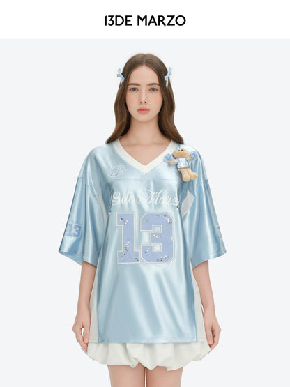 13DE MARZO Bear Cheerleader Satin Jersey T-shirt Blue