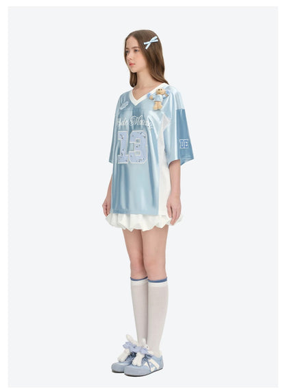 13DE MARZO Bear Cheerleader Satin Jersey T-shirt Blue
