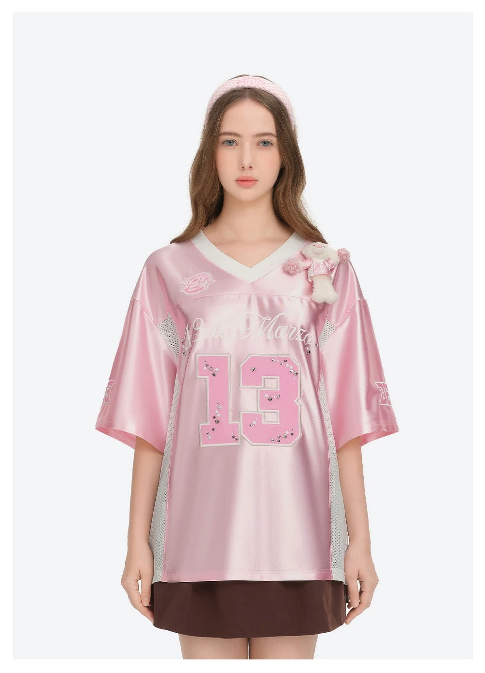 13DE MARZO Bear Cheerleader Satin Jersey T-shirt Pink