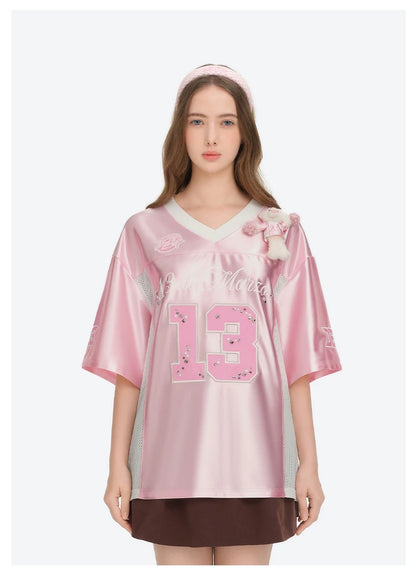 13DE MARZO Bear Cheerleader Satin Jersey T-shirt Pink