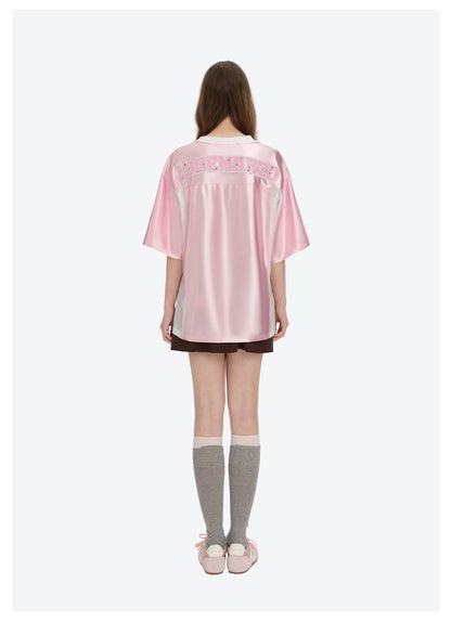 13DE MARZO Bear Cheerleader Satin Jersey T-shirt Pink
