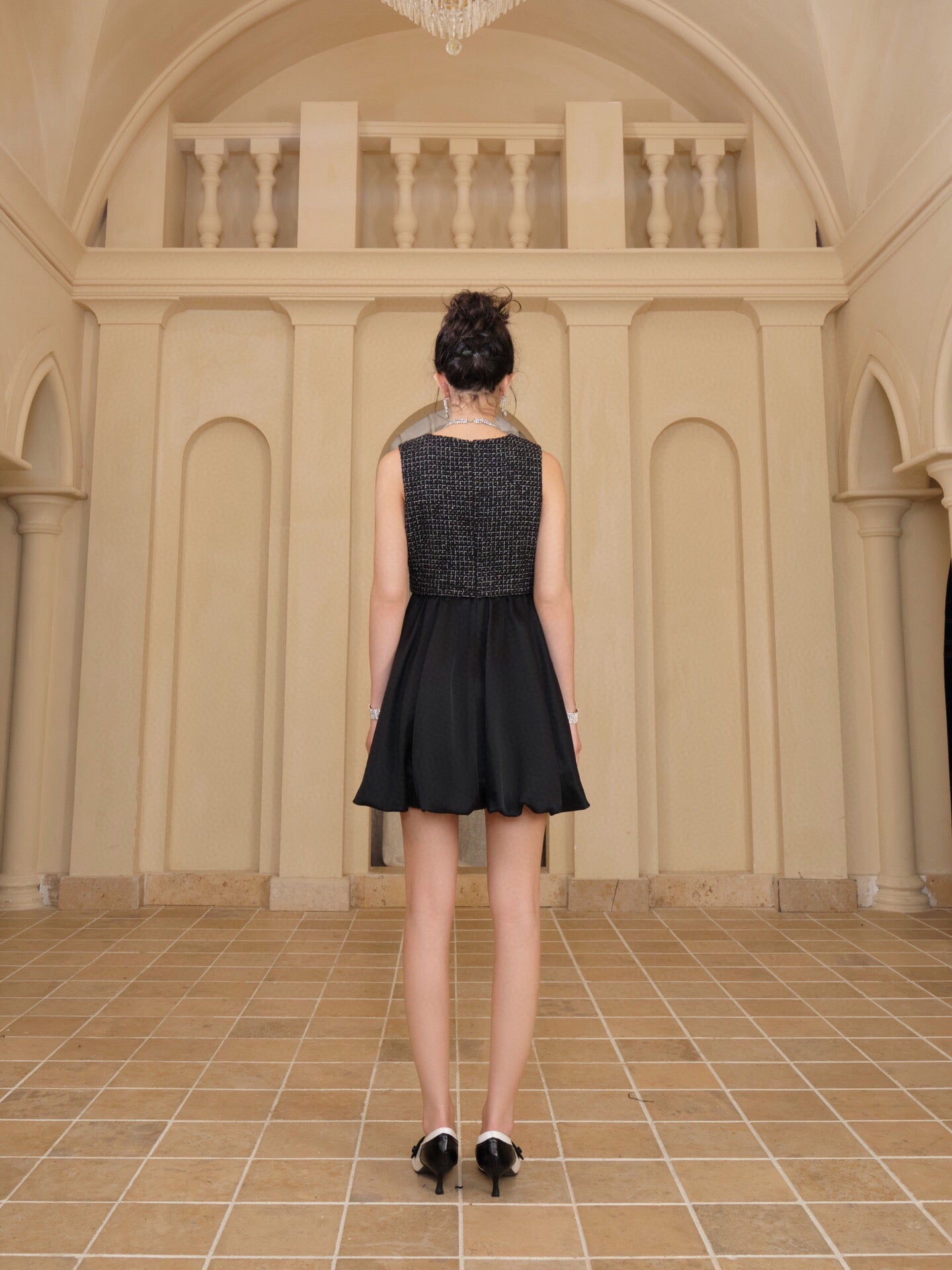 DIANA VEVINA Rhinestone Plaid Panel Sleeveless Dress Black