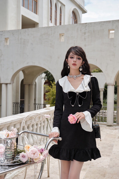 DIANA VEVINA Doll Collar Lace Dress Black