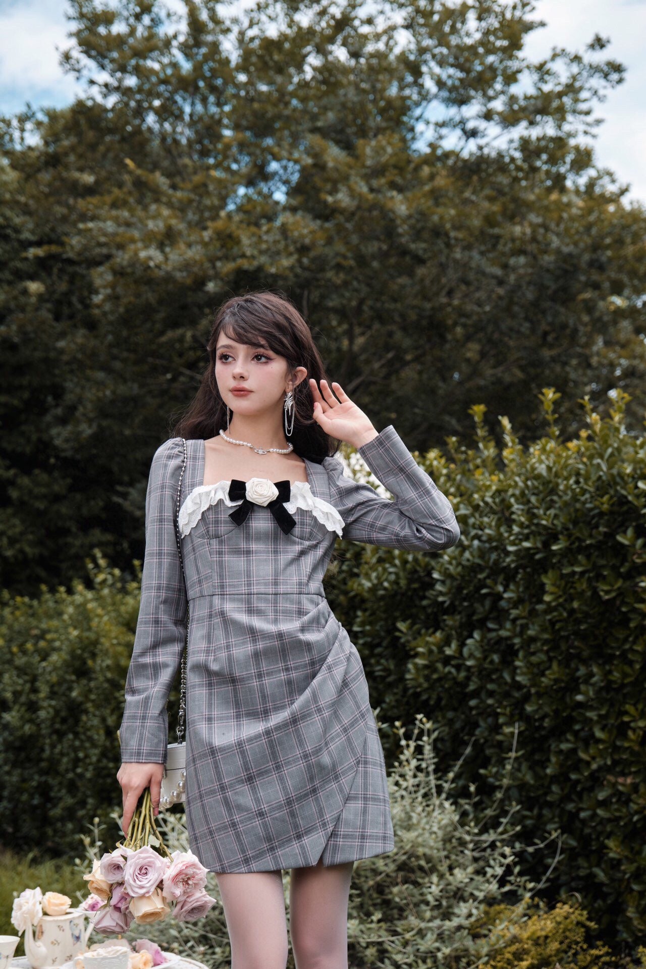 DIANA VEVINA Camellia Plaid Dress Grey