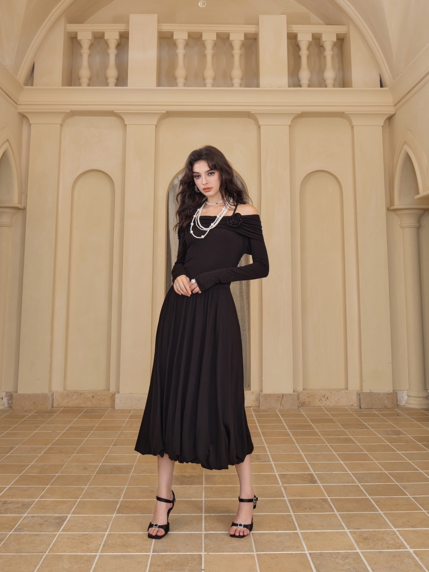 DIANA VEVINA Off Shoulder Waistband Black Rose Long Dress