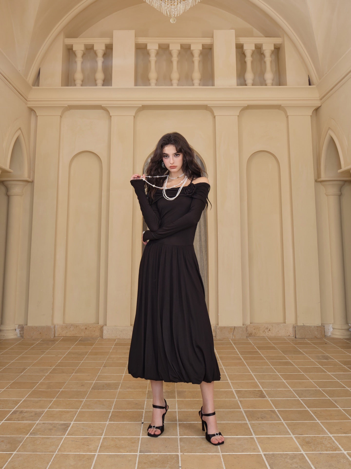 DIANA VEVINA Off Shoulder Waistband Black Rose Long Dress