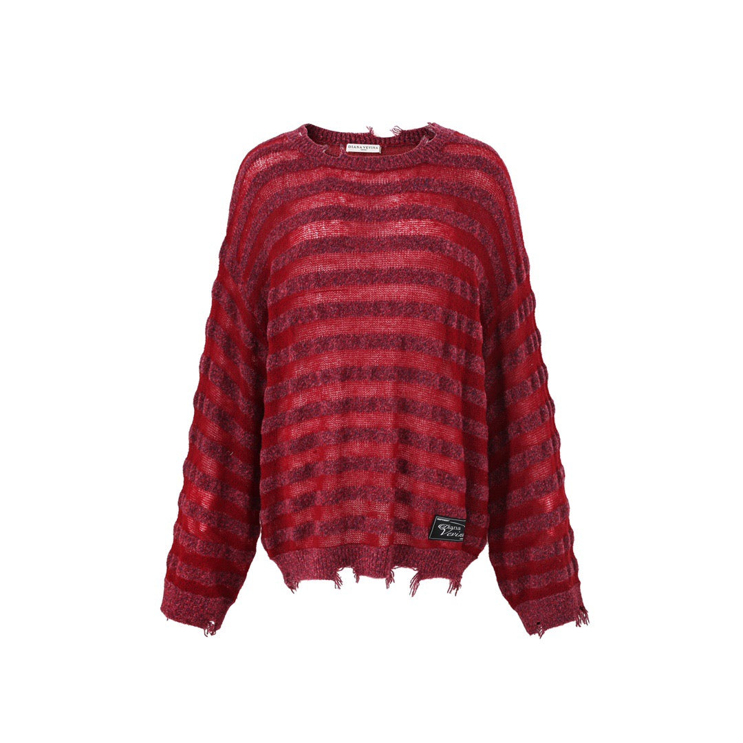 DIANA VEVINA Silhouette Colorful Stripe Destroyed Sweater Red