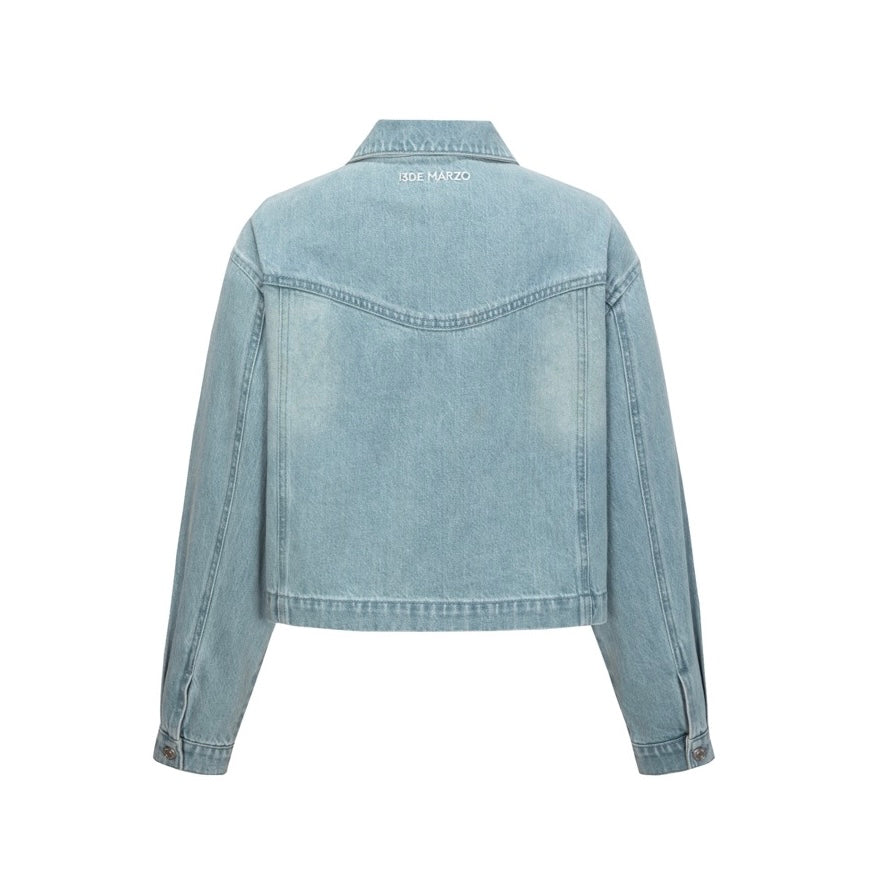 13DE MARZO Denim Frayed Embroidered Jacket Blue