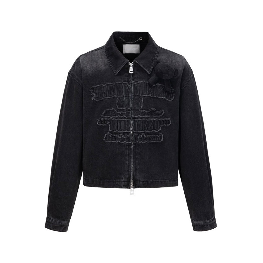 13DE MARZO Denim Frayed Embroidered Jacket Black