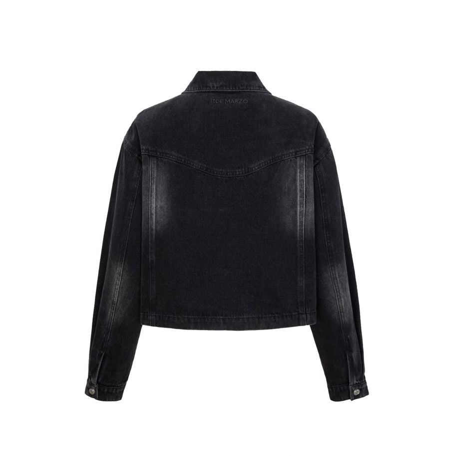 13DE MARZO Denim Frayed Embroidered Jacket Black