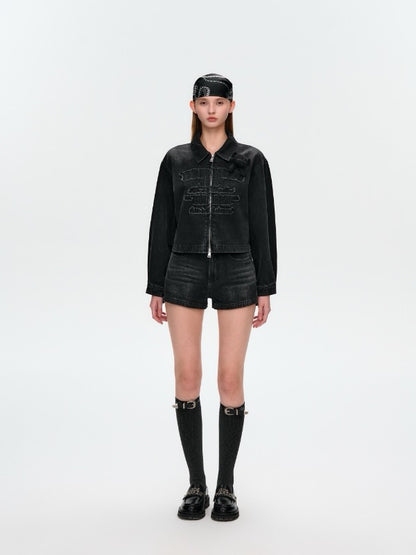 13DE MARZO Denim Frayed Embroidered Jacket Black