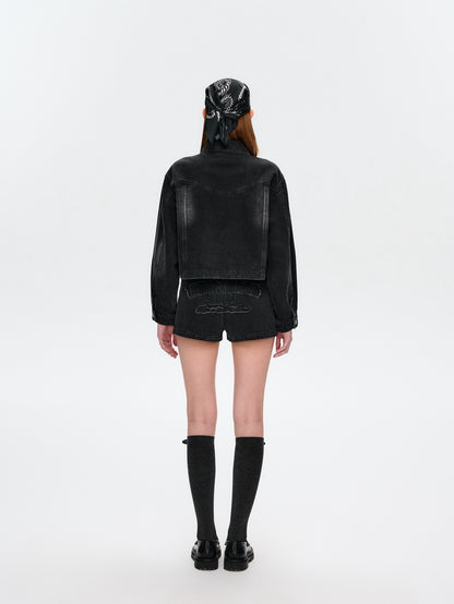 13DE MARZO Denim Frayed Embroidered Jacket Black