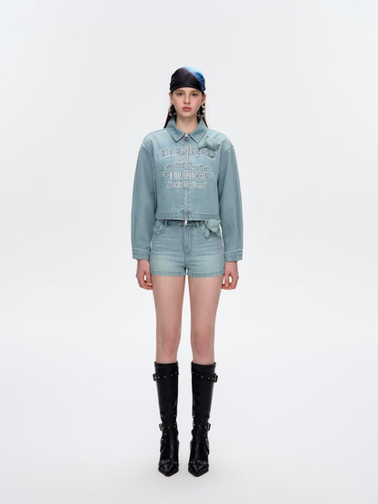 13DE MARZO Denim Frayed Embroidered Jacket Blue