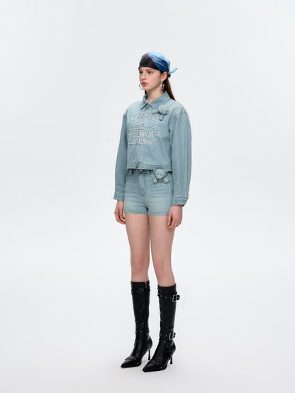 13DE MARZO Denim Frayed Embroidered Jacket Blue