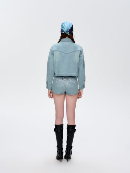 13DE MARZO Denim Frayed Embroidered Jacket Blue