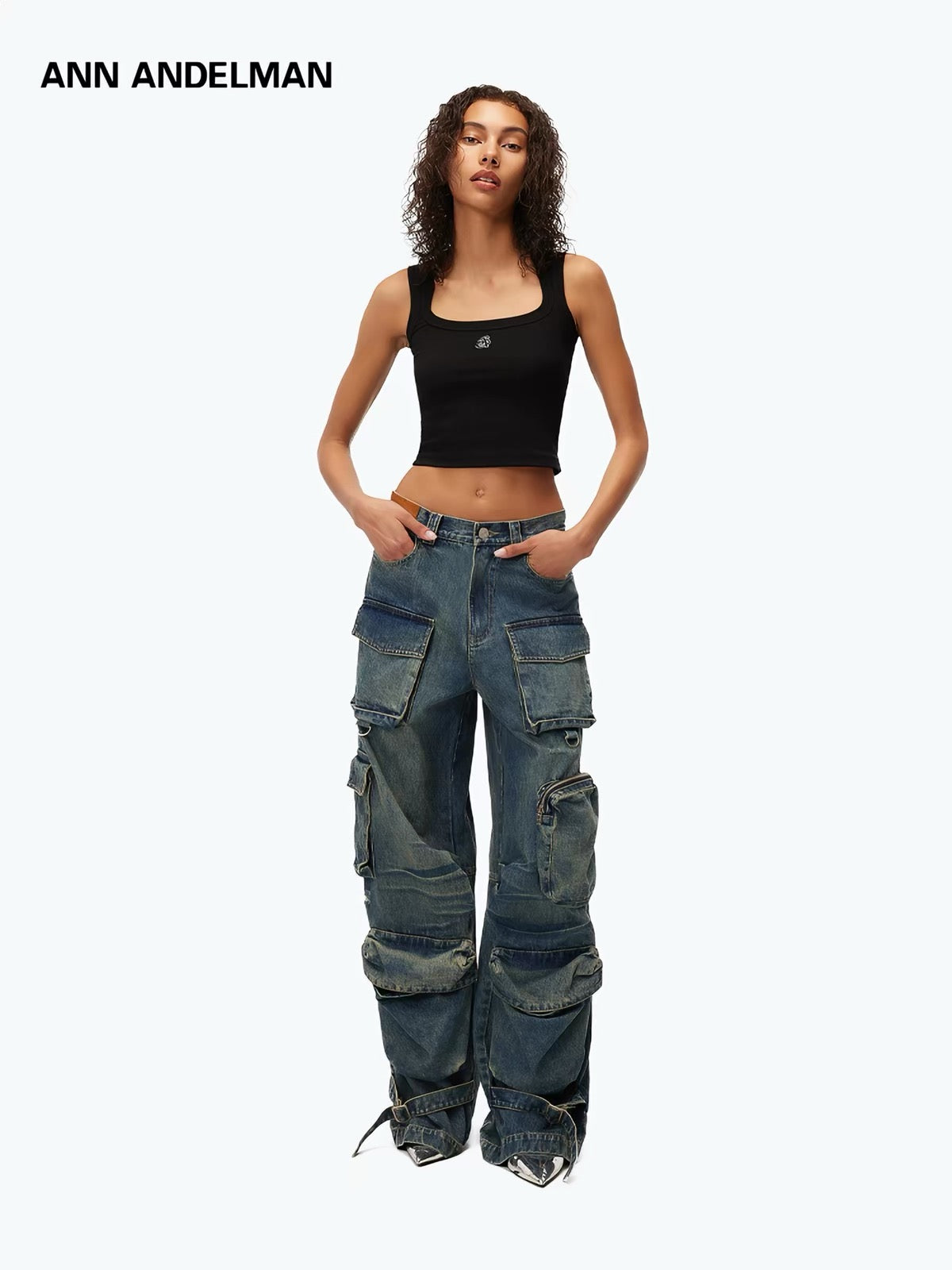 Ann Andelman Multi-Pocket Heavyweight Washed Denim Cargo Pants