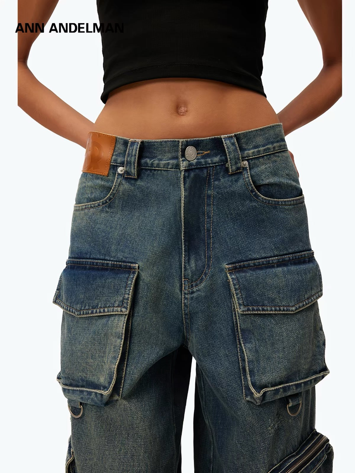Ann Andelman Multi-Pocket Heavyweight Washed Denim Cargo Pants