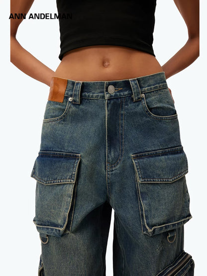 Ann Andelman Multi-Pocket Heavyweight Washed Denim Cargo Pants