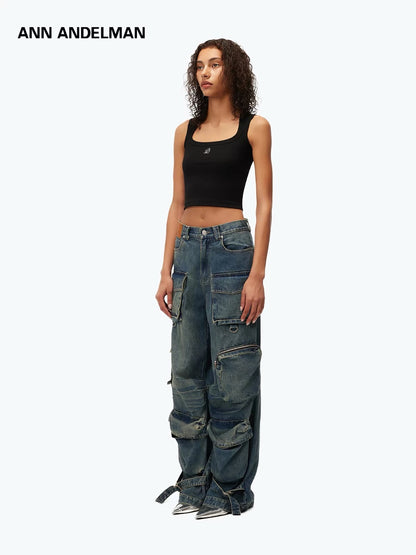 Ann Andelman Multi-Pocket Heavyweight Washed Denim Cargo Pants