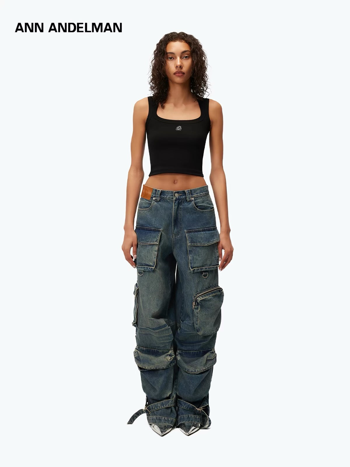 Ann Andelman Multi-Pocket Heavyweight Washed Denim Cargo Pants