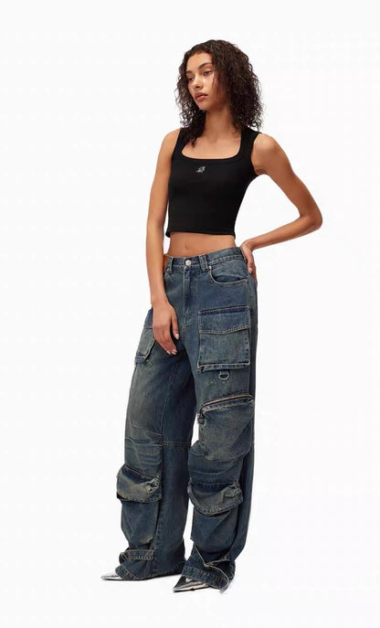 Ann Andelman Multi-Pocket Heavyweight Washed Denim Cargo Pants