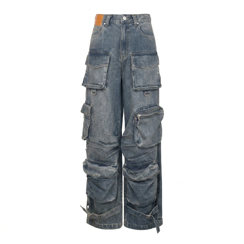 Ann Andelman Multi-Pocket Heavyweight Washed Denim Cargo Pants