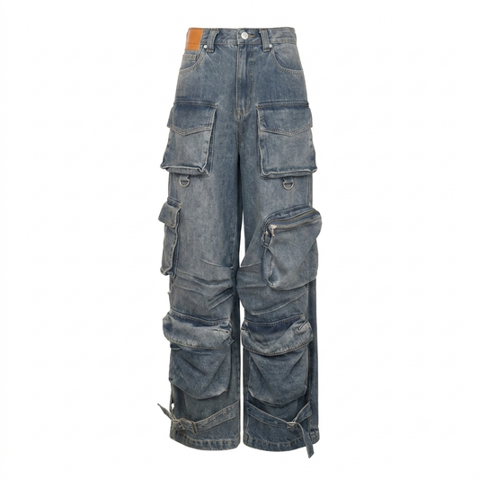 Ann Andelman Multi-Pocket Heavyweight Washed Denim Cargo Pants