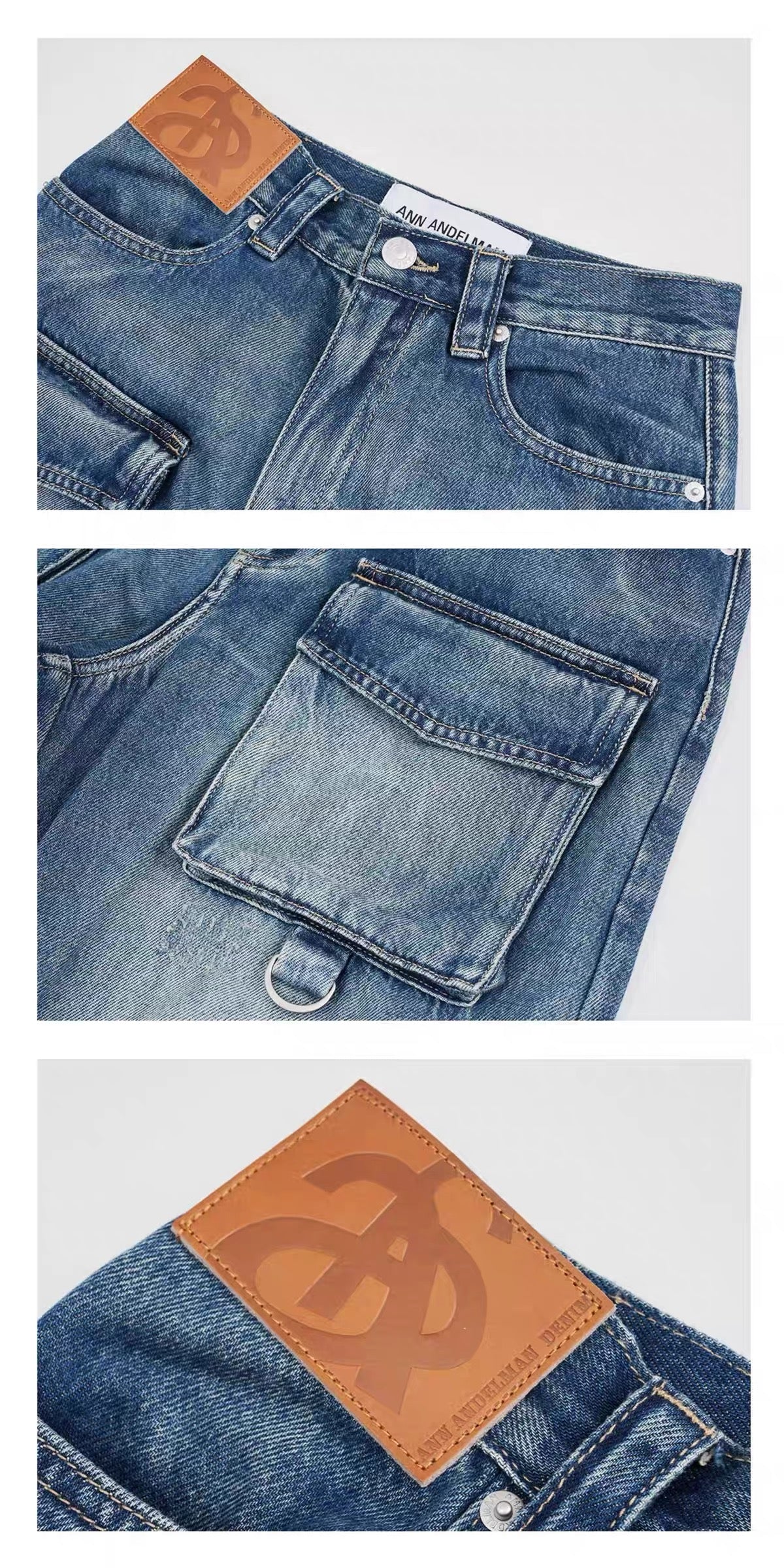 Ann Andelman Multi-Pocket Heavyweight Washed Denim Cargo Pants