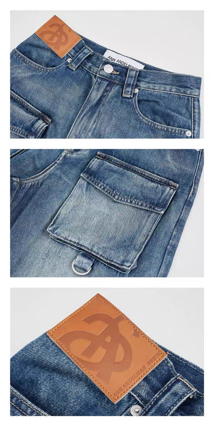 Ann Andelman Multi-Pocket Heavyweight Washed Denim Cargo Pants