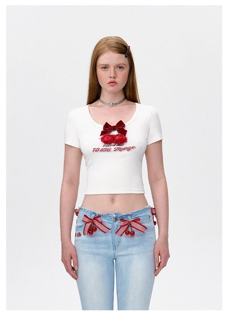 13DE MARZO Bear Cherry Bowknot Tee White